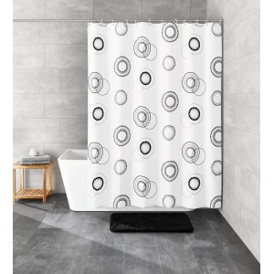 Kleine Wolke Luna zuhanyfüggöny, 180x200 cm, fekete-fehér kör mintával.