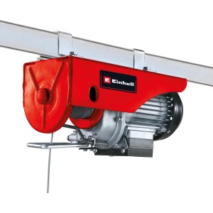 Piros Einhell TC-EH 250 elektromos kötélcsörlő drótkötéllel és teherhoroggal, fém sínre szerelve.