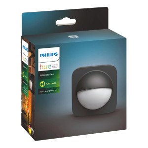 A Philips Hue Motion kültéri mozgásérzékelő fekete, vezeték nélküli csomagolása.