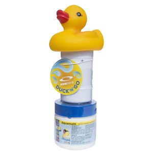 Pooltrend Duck'n'Go adagoló sárga kacsával a medence vegyszerekhez.
