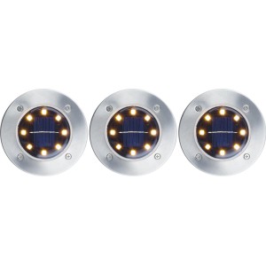 3 darabos LED-es, rozsdamentes acélból készült, talajba építhető szolárlámpa szett kerti utakhoz és ágyásokhoz.