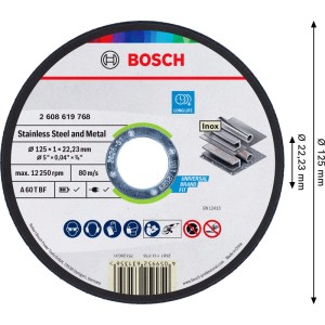 Fekete Bosch Standard for Metal vágótárcsa, Ø 125 mm, furat 22,23 mm, sarokcsiszolókhoz.