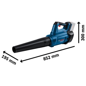 Bosch Professional GBL 18V-750 Solo akkus lombfúvó, kék/fekete, méretekkel.