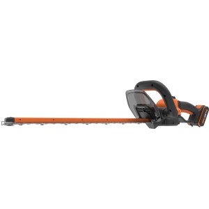 Worx WG264E 20 V akkus sövényvágó narancssárga pengével és fekete fogantyúval.