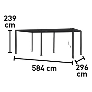 Antracit színű alumínium Carinda pergola méretekkel (239x584x296cm) kertbe vagy teraszra.
