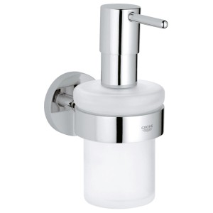 Grohe QuickFix szappanadagoló tartóval, króm, üveg/fém, 160 ml űrtartalom.