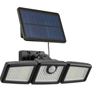 Napelemes LED kültéri reflektor mozgásérzékelővel, 7W, 800lm, napelem panellel és három lámpával.