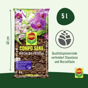 Compo Sana Orchidea föld, 5 l, tőzegmentes, orchidea virágokkal a zacskón.