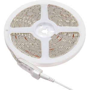 Feltekert 5 m-es RGB LED flexibilis szalag csatlakozókábellel fehér tekercsen. LED szalag színes fénykiemelésekhez.