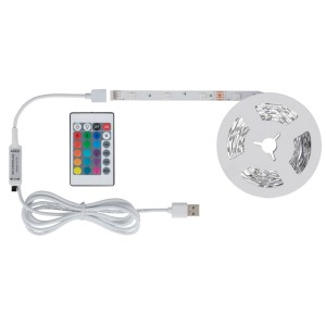 LED szalag távirányítóval és USB csatlakozóval, feltekercselve.