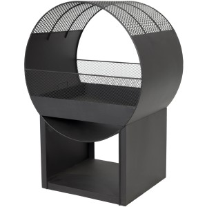Modern fém Buschbeck Porthole tűzrakóhely fatárolóval kertbe és teraszra.