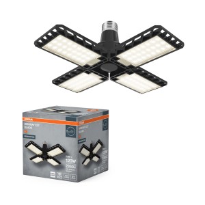 Osram E27 LED izzó Highbay Blade 23W négy állítható fekete fényszárnnyal és csomagolással.