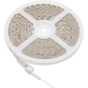 Feltekert 10 m-es RGB LED flexibilis szalag fehér tekercsen, csatlakozókábellel.