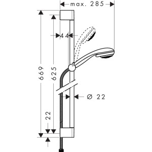 Műszaki rajz: Hansgrohe Crometta 85 Vario zuhanyszett 65 cm-es zuhanyrúddal, méretek és részletek.