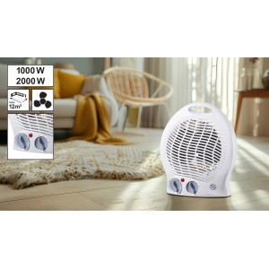 Fehér 2000 W-os ventilátoros fűtőtest termosztáttal és két fűtési fokozattal, 12 m²-ig.