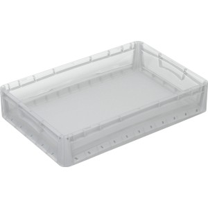 Átlátszó Eurobox 60x40x12 cm, tömör falú, műanyagból. Tárolódoboz tároláshoz és szállításhoz.