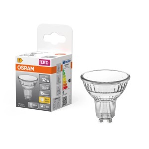Osram LED GU10 reflektorlámpa, 3,1W, meleg fehér, a termék csomagolása mellett.