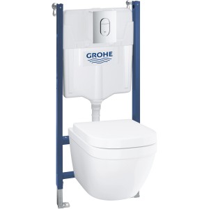 Grohe QuickFix WC-Set 5in1 Solido Compact, fali WC tartállyal és kék szerelőkerettel.