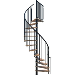 Minka Berlin csigalépcső, bükk/fekete, Ø120 cm, beltéri lépcső fa lépcsőfokokkal és fekete korláttal.