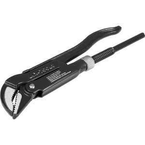 Fekete LUX-TOOLS sarokcsőfogó, 245 mm, 45°-ban hajlított fejjel és fogazott pofákkal, max. 12,5 mm-es csövekhez.