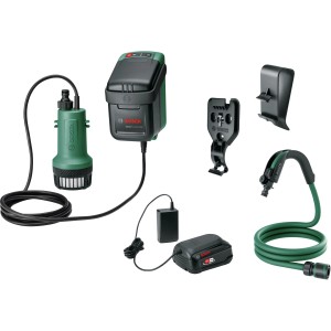 Bosch Akku GardenPump 18V-2000: Elektromos szivattyú akkumulátorral, töltővel, tömlővel és tartozékokkal a kert öntözéséhez.
