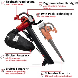 Einhell Power X-Change GE-CL 36/230 Li E-Solo akkus lombfúvó és -szívó gyűjtőzsákkal és fúvócsővel.
