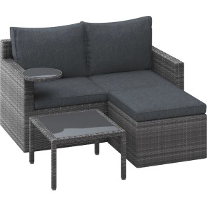 3 részes világosszürke polyrattan lounge szett kanapéval, ülőkével és asztallal.