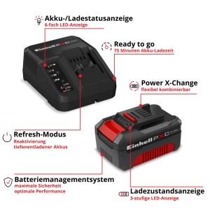 Einhell Power X-Change Starter-Kit: Fekete 18V 4Ah akkumulátor és töltő LED kijelzőkkel szerszámokhoz.