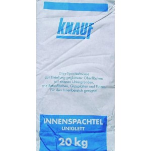 Knauf Uniglett beltéri glett, 20 kg-os zsák, gipsz alapú glett sima falakhoz és mennyezetekhez.