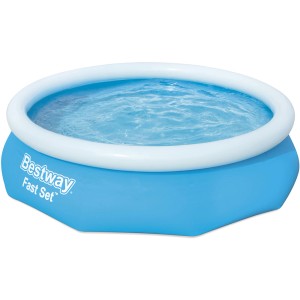 Kék Bestway Fast Set medence, Ø 305 cm, kerek, gyorsan felállítható medence fehér felfújható gyűrűvel és vízzel.