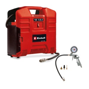 Piros Einhell Power X-Change akkus kompresszor szett keréknyomásmérővel, tömlővel és adapterekkel. Max. 8 bar.