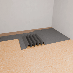 Szürke laminált Floor Perfect 2 mm hangszigetelő alátét fapadlón, részben lerakva.
