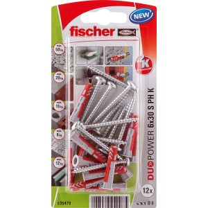 Fischer Duopower 6x30 S PH K NV dübel, 12 darabos csomag, piros/szürke, a biztonságos rögzítéshez.