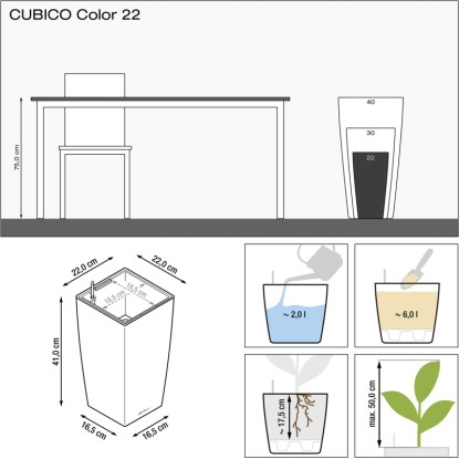 Lechuza Cubico Color 22 virágtartó, homokbarna, méretekkel és öntözési útmutatóval.