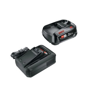 Fekete Bosch 18V 2,5 Ah akkumulátor indítókészlet AL 18V-44 töltővel elektromos szerszámokhoz.
