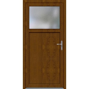 Műanyag mellékbejárati ajtó Golden Oak színben, üvegbetéttel és jobb oldali zsanérral.
