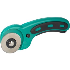 Wolfcraft görgős kés zöld-fekete markolattal és 45 mm-es pengével szövet, papír és bőr vágásához.