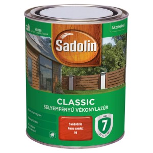 Sadolin Classic időjárásálló festék doboza, svédvörös árnyalatban. Fa lazúr kültéri használatra.