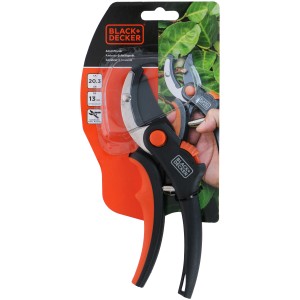 Black+Decker üllős metszőolló bliszterben, narancs-fekete. Ideális kertészkedéshez.