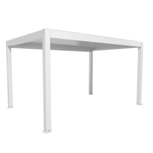 Fehér Biohort Pergola 4,5 x 3 m, egy modern lamellás teraszfedés.