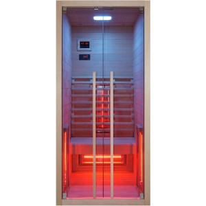 Sanotechnik Ruby 1 infraszauna 1 személy részére, hemlock fából, teljes spektrumú radiátorral és LED-es színes fénnyel.