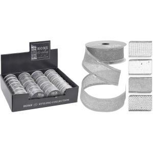 Ezüst csillámos dekor szalag, 2,7 m x 2,5 cm, többféle, karácsonyi dekorációhoz és ajándékcsomagoláshoz.