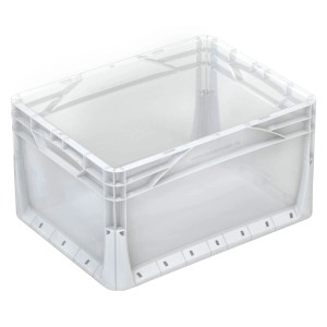 Átlátszó Eurobox 40x30x22 cm fogantyúkkal, tömör fal, az OBI Eurobox rendszerből.