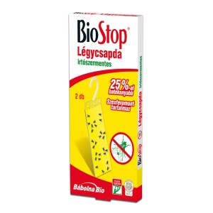 BioStop légycsapda, rovarirtó-mentes, feromon csalogatóval. Sárga ragasztós csapda fogott legyekkel.