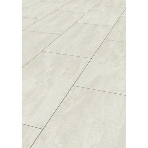 Kronoflooring Ocean Ice Flow laminált padló, kő hatású, világos csempék fugákkal.