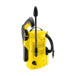 Kärcher K2 Universal Edition magasnyomású mosó, sárga, tartozékokkal elrakva.