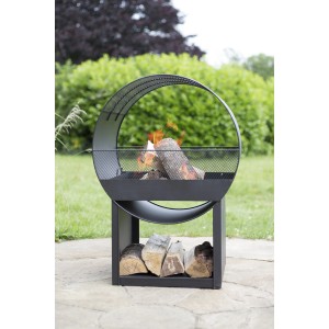 Buschbeck Porthole tűzrakóhely fatárolóval, modern tűzrakó tál a kertbe.