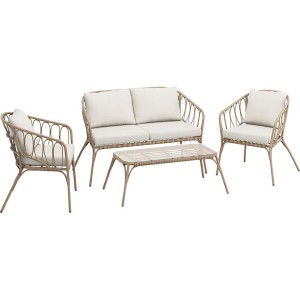 4 részes Gordonvale bézs polyrattan lounge szett kanapéval, fotelekkel és asztallal.