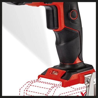 Közelkép: Einhell TE-DY 18 Li akkus gipszkarton csavarozó, piros-fekete, LED-es világítással. Gipszkarton fúró.