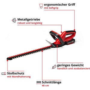 Einhell GC-CH 1846 Li Kit akkus sövényvágó, piros/fekete, 18V akkumulátorral és 46 cm vágáshosszal.